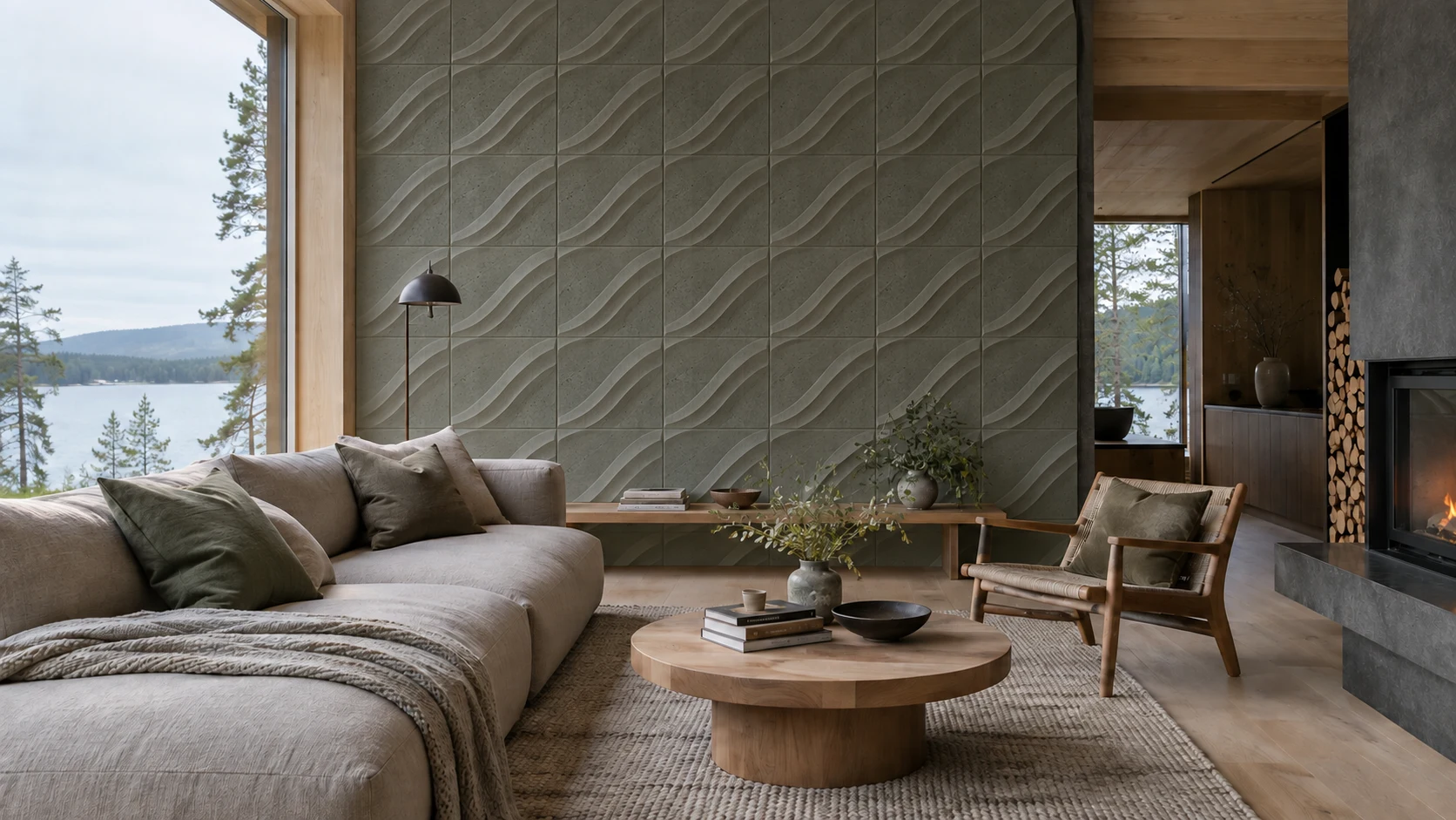 Northern lakeside living room with repeating diagonal ribbon-pattern concrete tiles