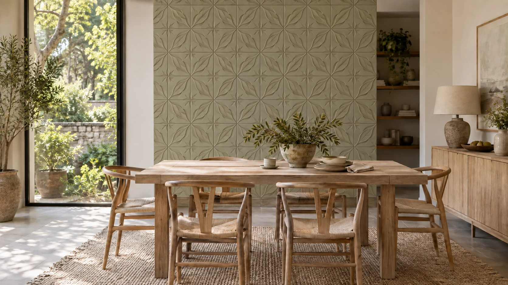 Garden-inspired dining room with sage concrete tiles forming a repeating leaf pattern