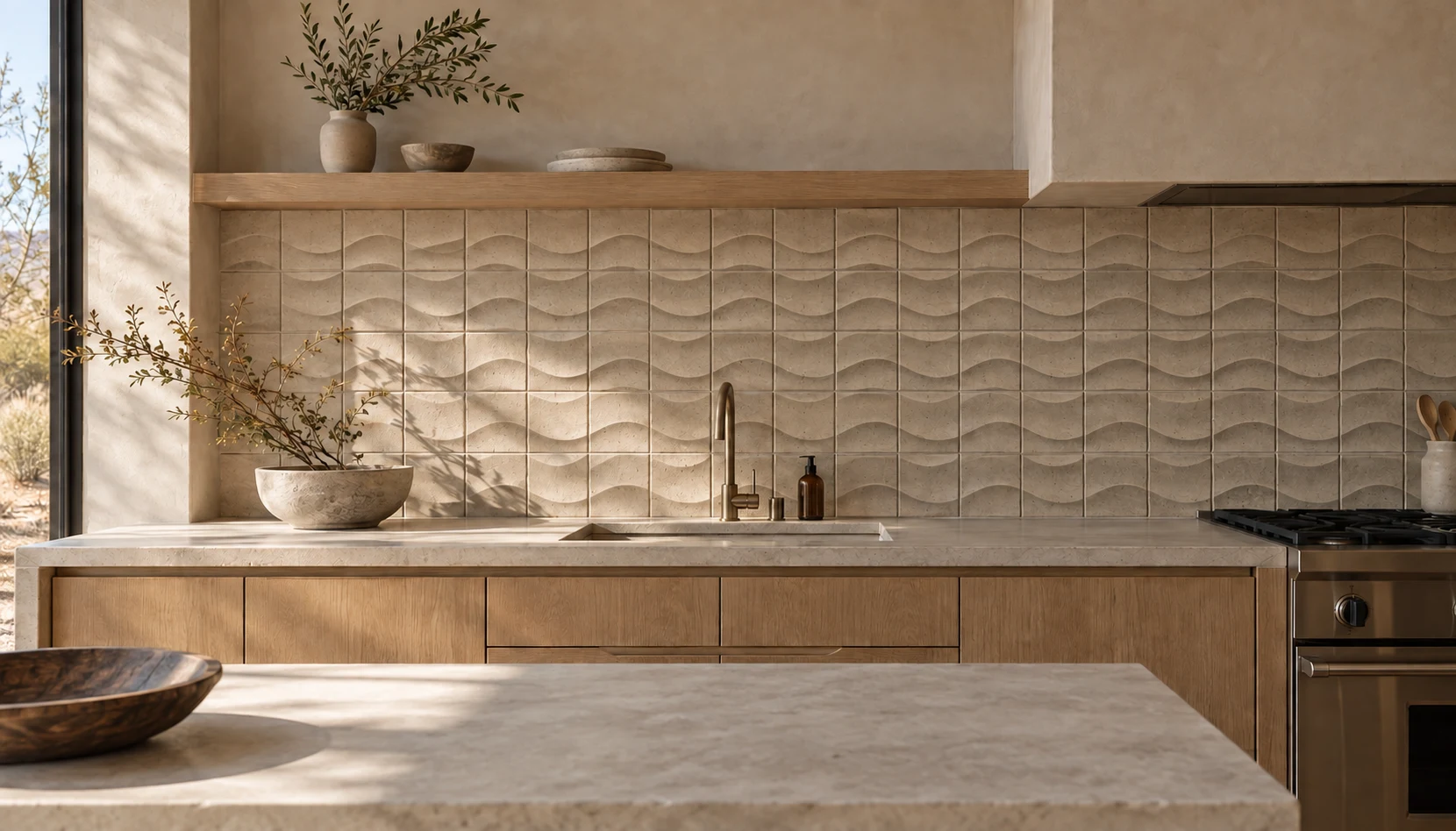 Sand-toned white oak kitchen with a repeating wave-pattern concrete tile backsplash