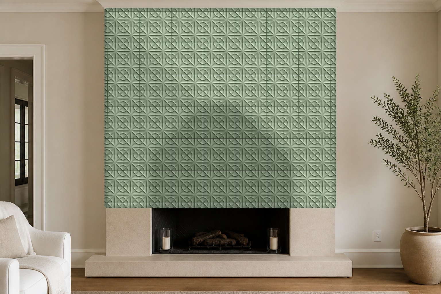 open in sage — fireplace room concept